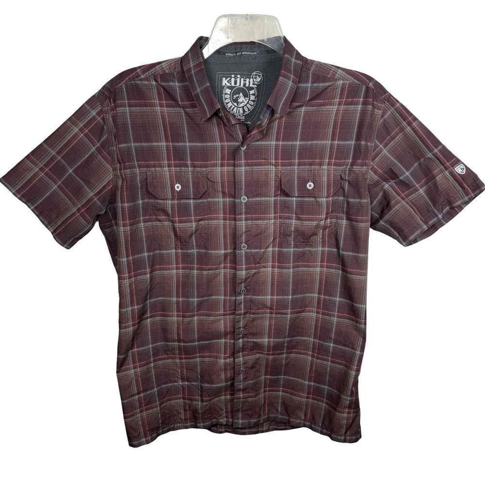 KUHL Response Short Sleeve Plaid Hiking Shirt Mens Large Burgundy 7153